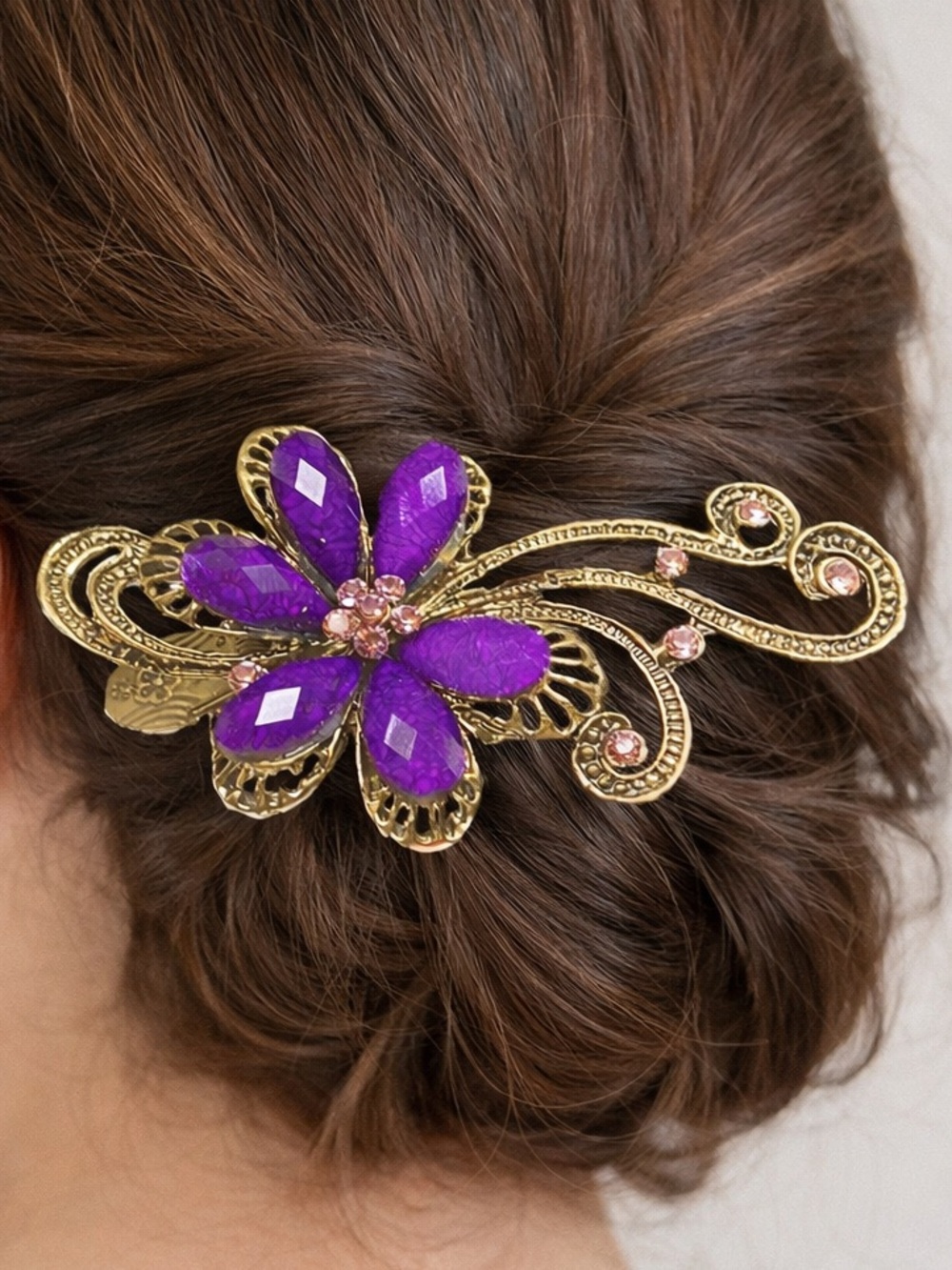 Art Deco Hair Barrette Clip Antique Bronze Purple Stones Pink Crystals 4”